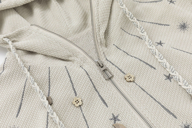 Celestial Moon & Star Embroidered Zip-Up Hoodie Jacket with Hanging Charms