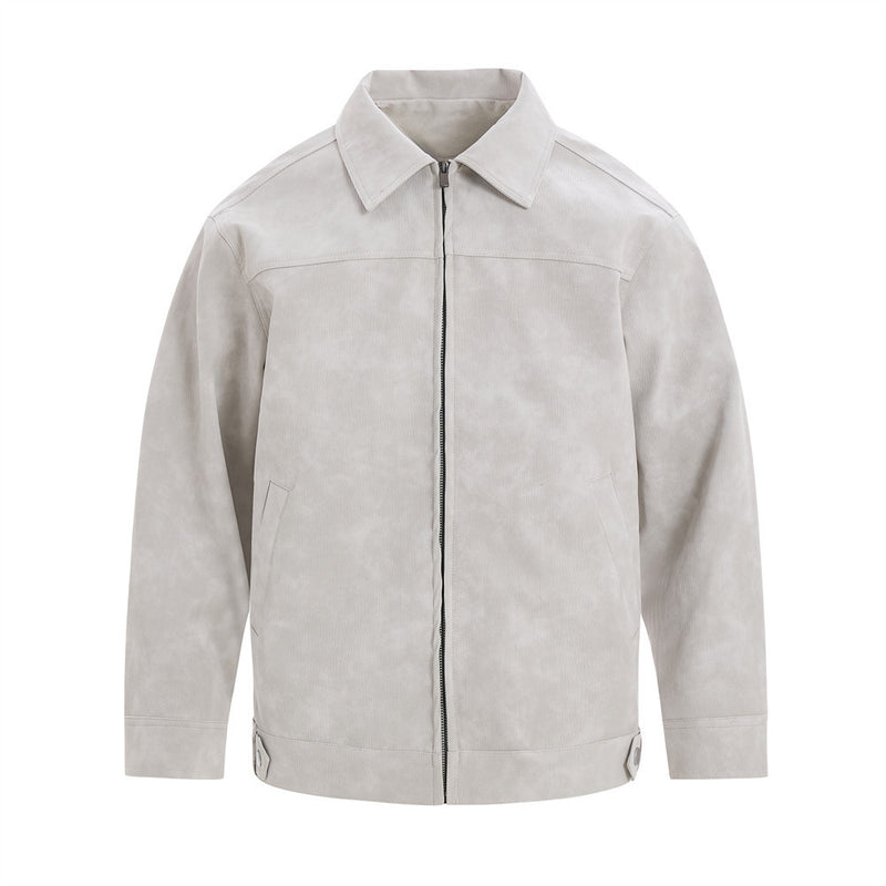 Men's vintage distressed PU leather zip-up jacket in light grey with point collar and relaxed fit