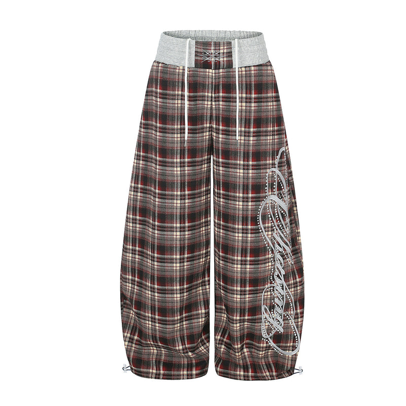 Plaid Wide-Leg Sweatpants with Drawstring Waist & Script Graphic