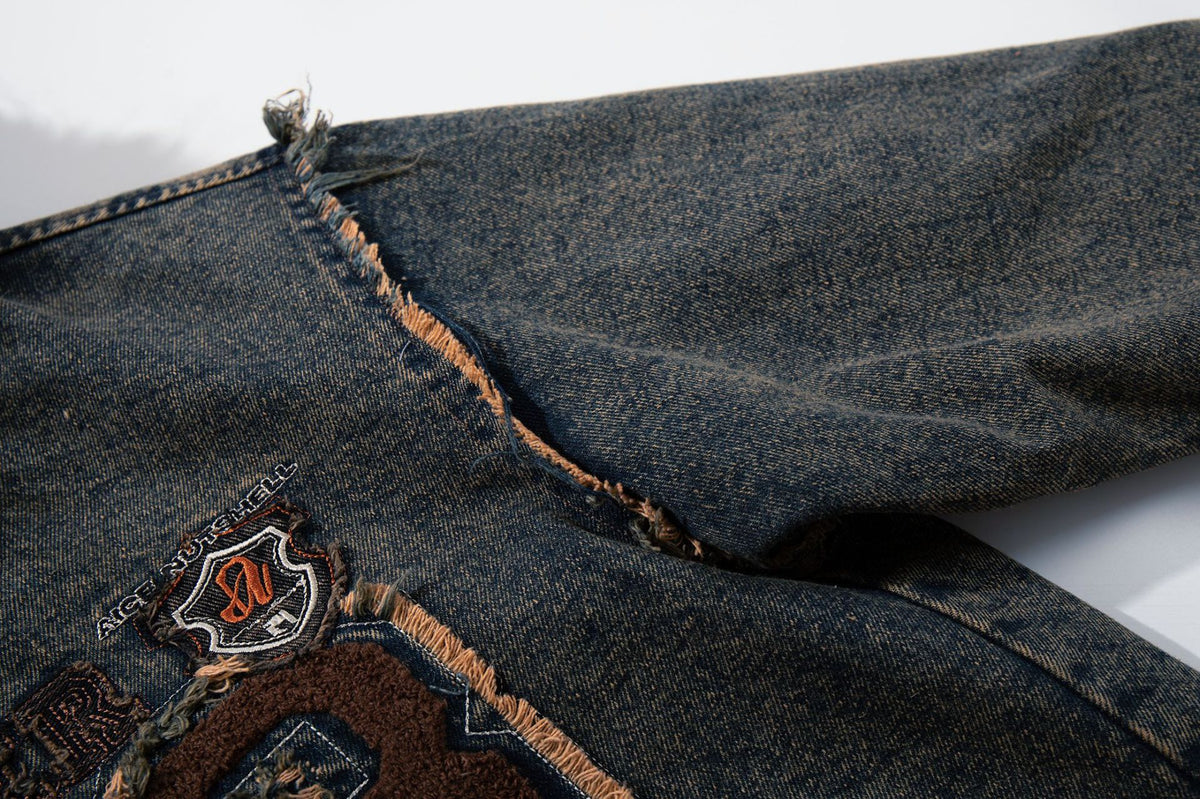 Hooded Denim Jacket with Fur Collar, Number 23 Varsity Patch & Acid Wash Finish