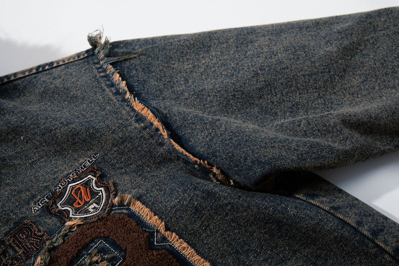 Hooded Denim Jacket with Fur Collar, Number 23 Varsity Patch & Acid Wash Finish