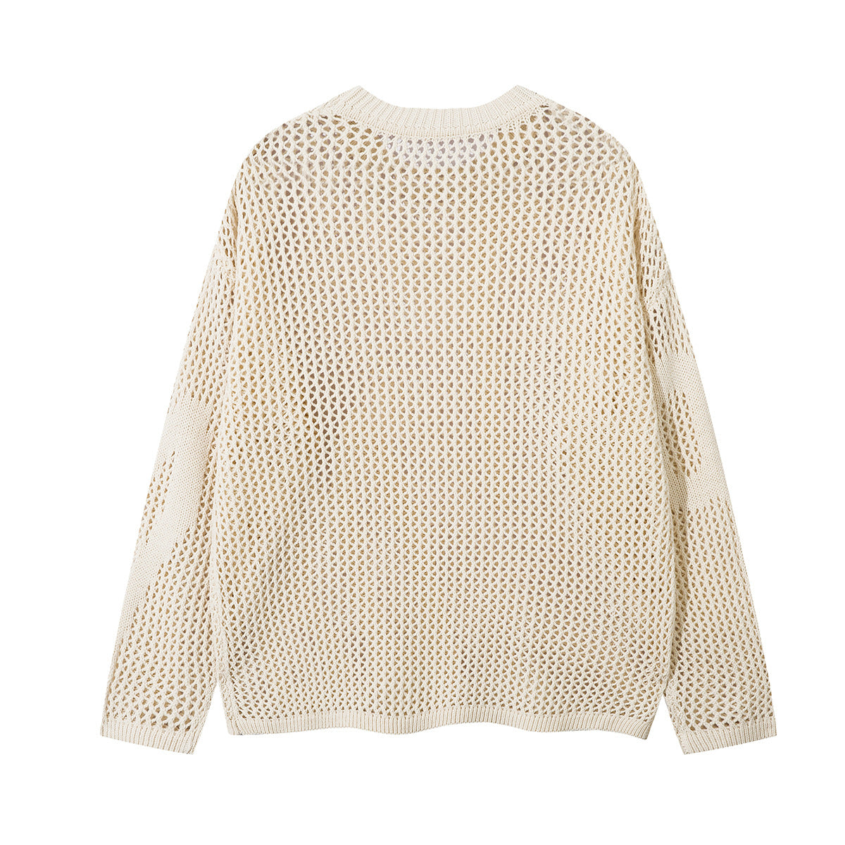 Beige Crew Neck Sweater Open-Knit Mesh Oversized Pullover