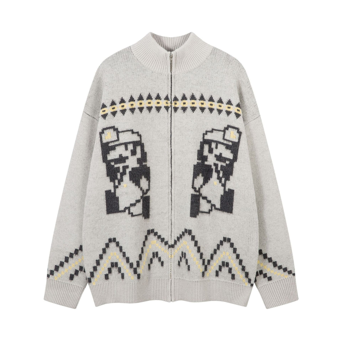 Oversized pixel-art jacquard zip-up knit cardigan sweater in oatmeal and black with retro 8-bit character graphic and Fair Is