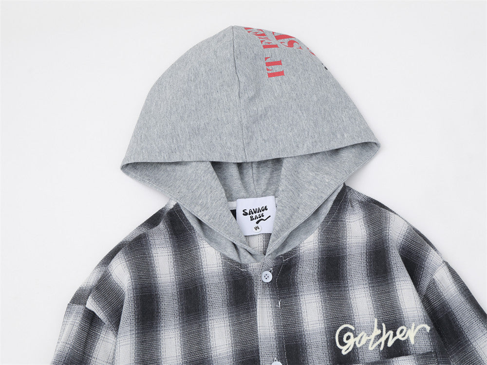Plaid Hooded Shirt Men's Oversized Long Sleeve with Embroidered Graphic