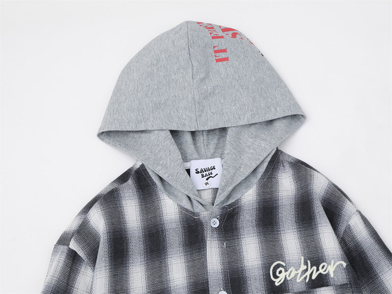 Plaid Hooded Shirt Men's Oversized Long Sleeve with Embroidered Graphic