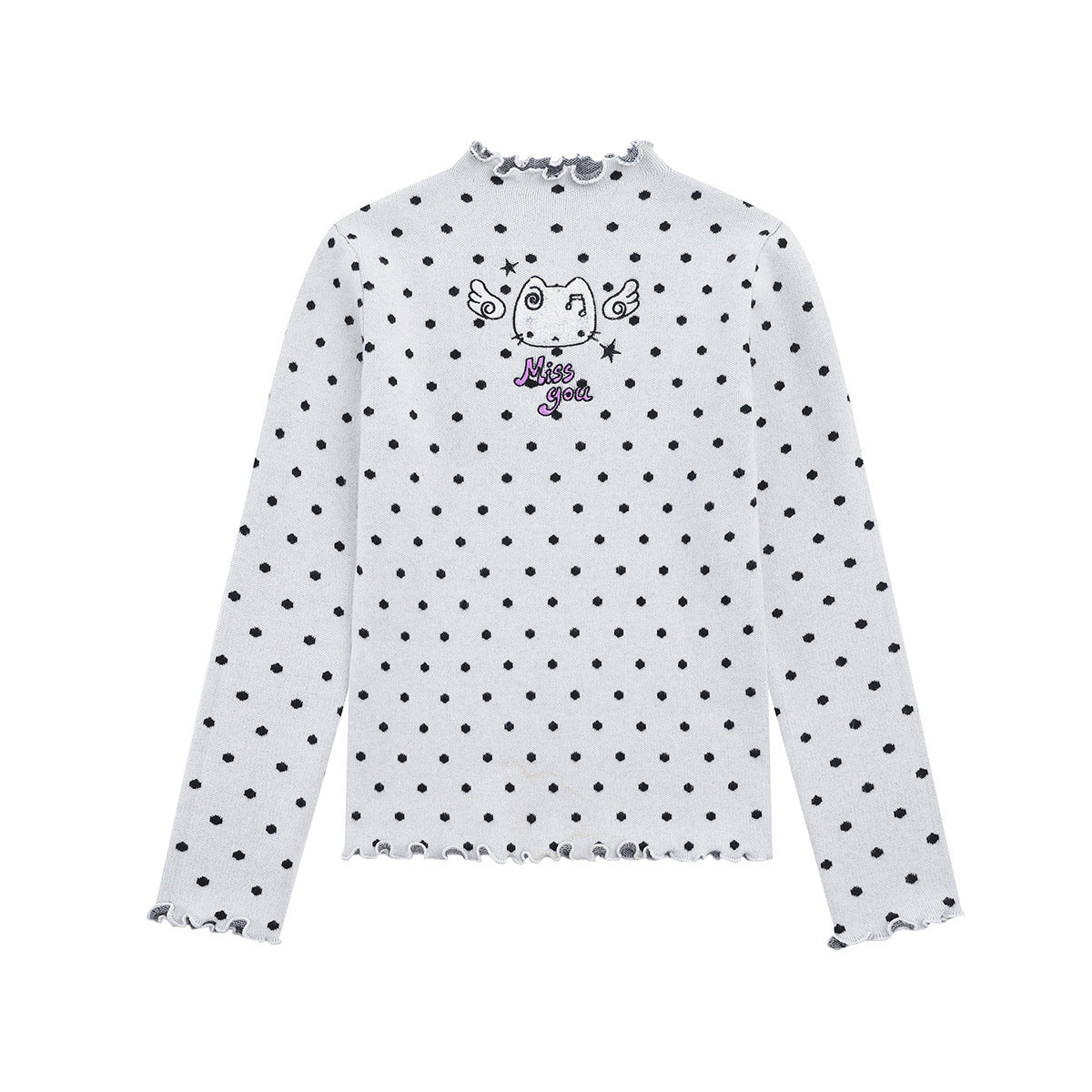 Slim-fit polka dot mock neck knit sweater top with winged cat Miss You embroidery and lettuce hem in white with black dots