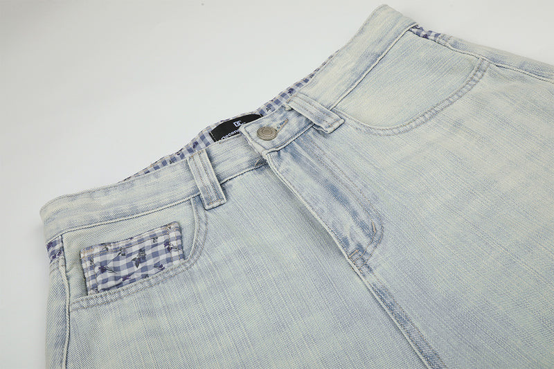 Light Wash Baggy Jeans – Wide Leg Straight Fit with Gingham Patchwork Pocket