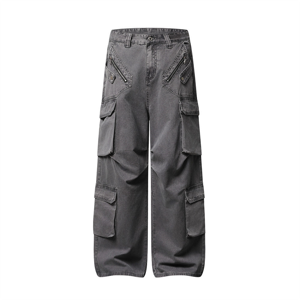 Wide-Leg Cargo Pants – Multi-Pocket Washed Vintage Streetwear Trousers