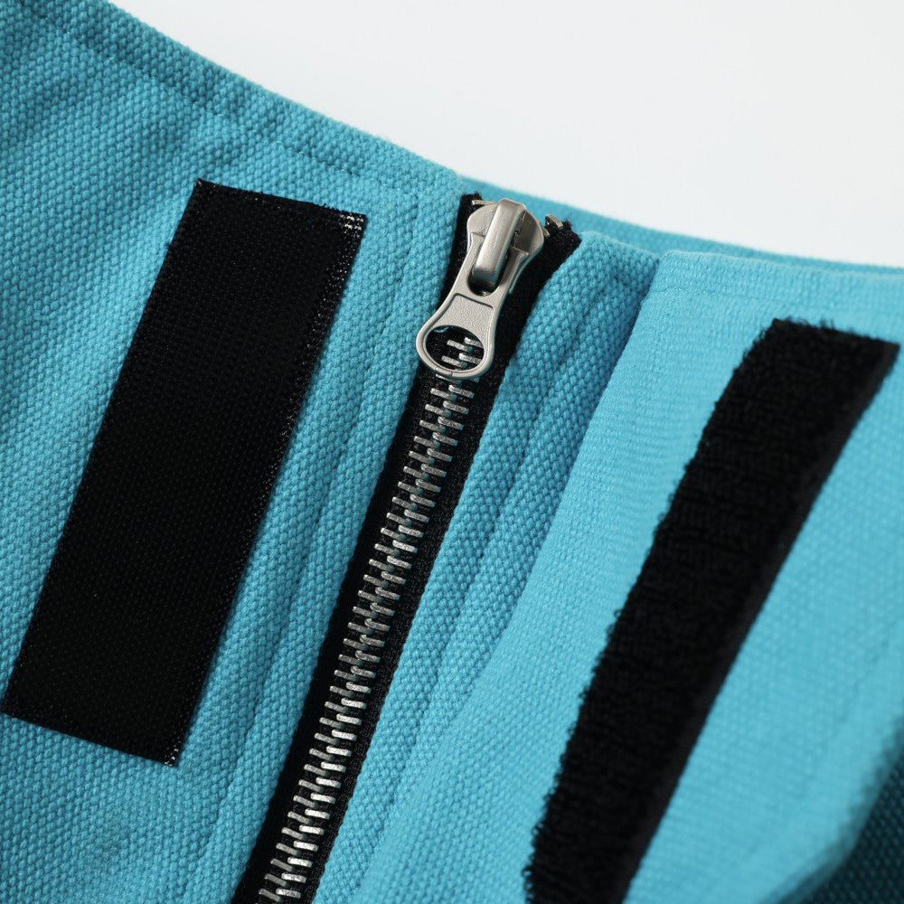 Distressed High-Collar Bomber Jacket – Teal Patch-Work Punk Workwear
