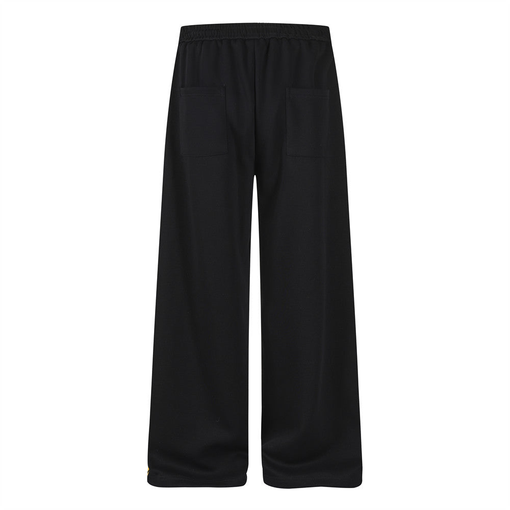 Wide-Leg Track Pants with Gold Side Stripes & Crest Embroidery