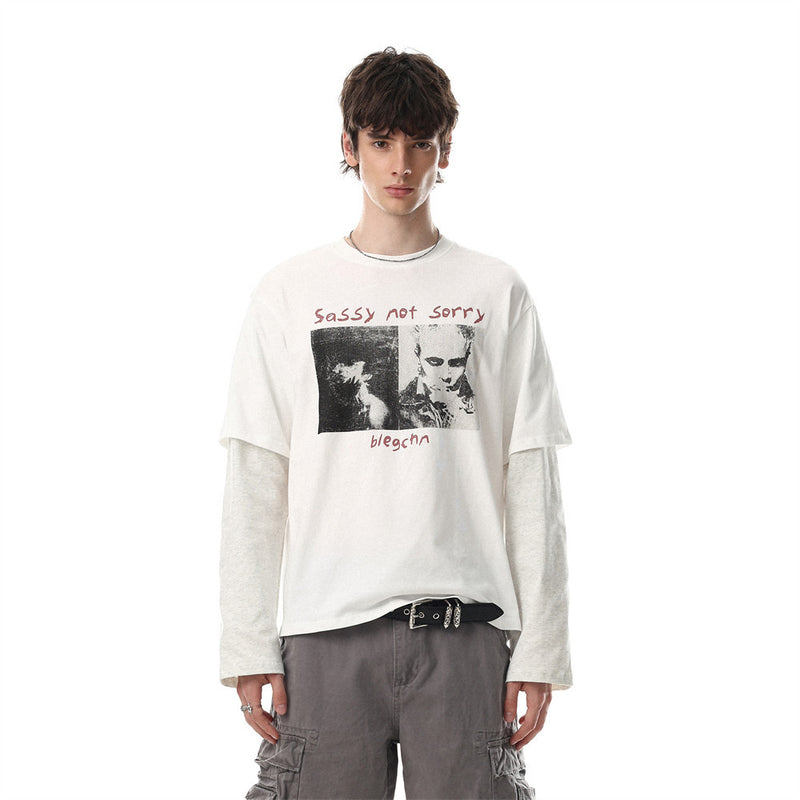 Oversized Faux-Layered Long Sleeve Graphic Tee – Portrait Print Crew Neck