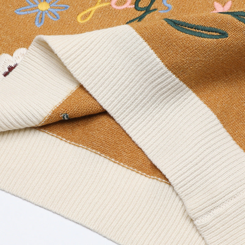 Floral Embroidery V-Neck Sweater Vest – Cottagecore Knit Sleeveless Top