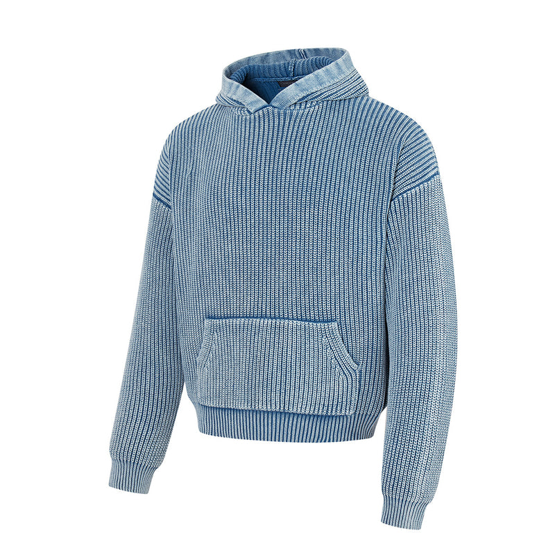 Washed Ribbed Knit Hoodie Sweater – Vintage Acid-Wash Oversized Pullover