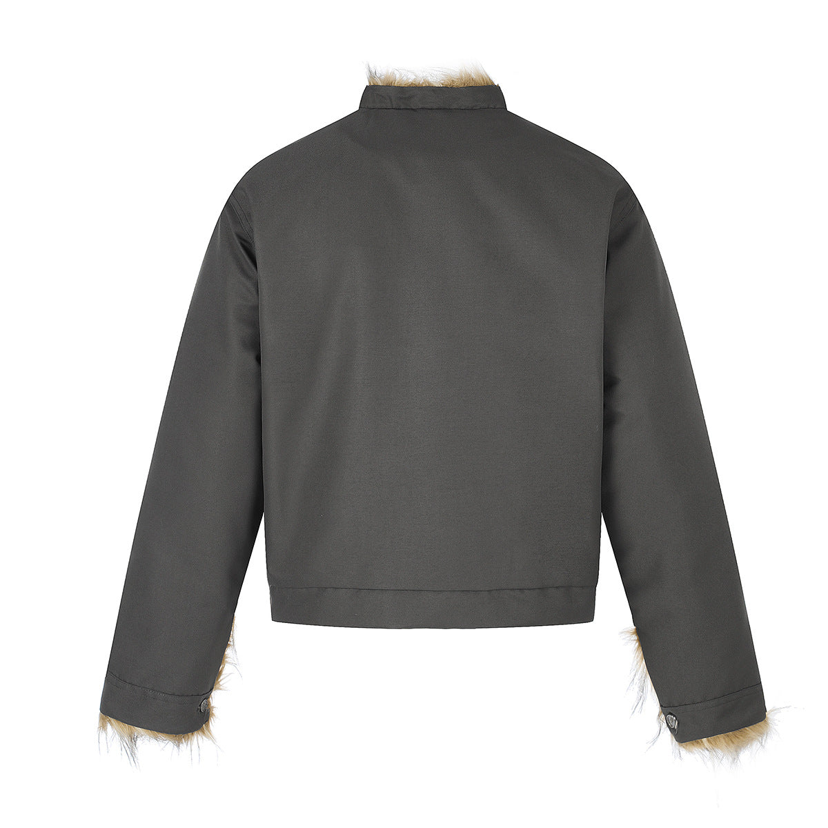 Faux Fur Trim Padded Jacket with Stand Collar & Button Front