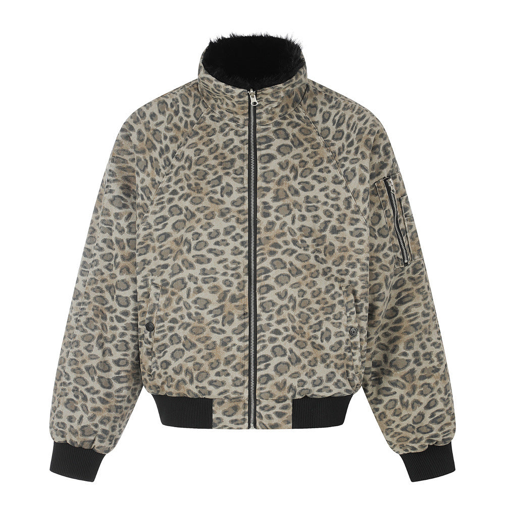 Reversible Faux Fur Leopard Print Bomber Jacket – Men's Oversized Stand Collar