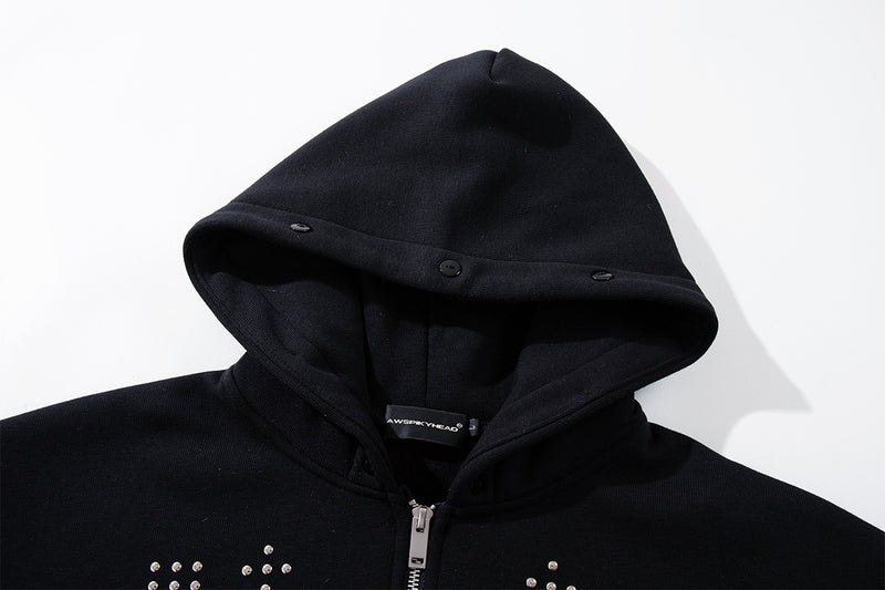 Black Zip-Up Hoodie with Faux Fur Hood & Silver Cross Studs