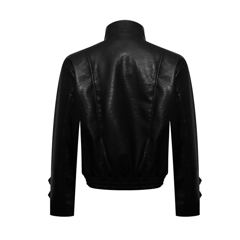 Black PU Leather Moto Jacket – Zip-Up Bomber with Stand Collar & Silver Hardware