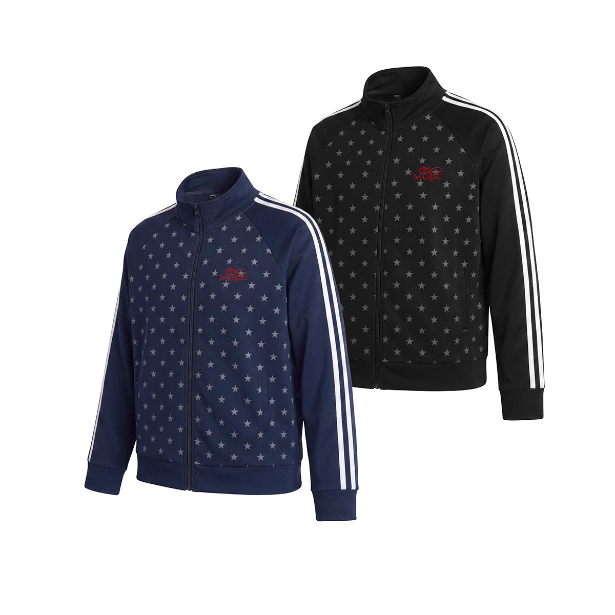 Chaqueta Deportiva con Estrellas – Cremallera Completa, Cuello Alto y Rayas Laterales