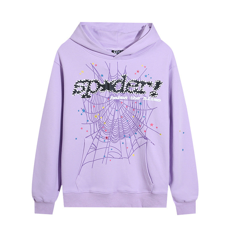 The Trendy Lavender Sp5der Hoodie by Sp5der features a vibrant spider web design with stars and &quot;Spider&quot; in large, stylized letters, making it ideal for streetwear fashion lovers.