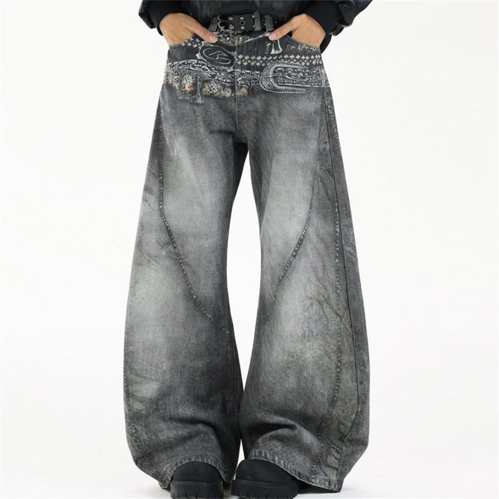 Baggy Wide-Leg Jeans – Paisley Graphic Waistband, Acid-Washed Grey Denim