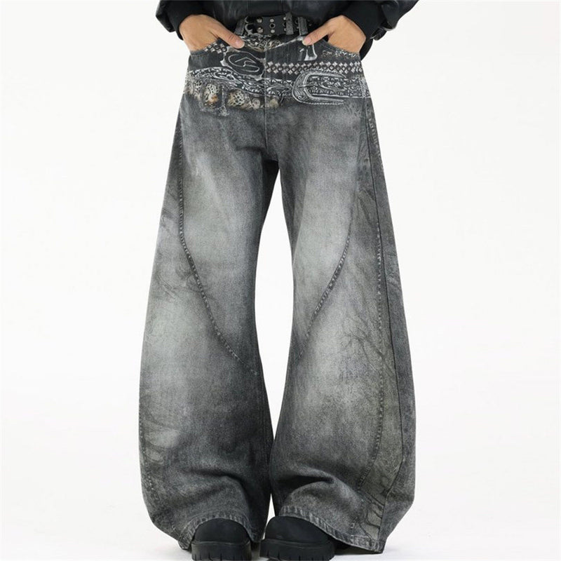 Baggy Wide-Leg Jeans – Paisley Graphic Waistband, Acid-Washed Grey Denim