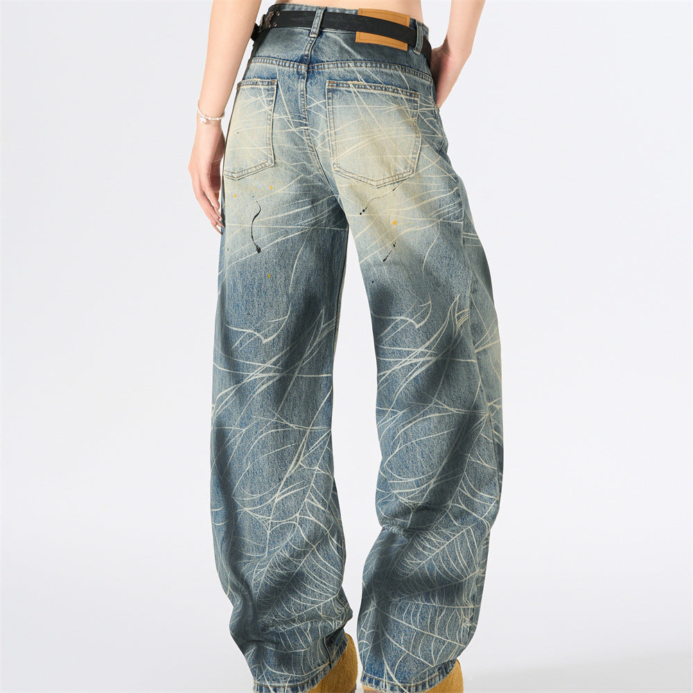 Wide-Leg Jeans with Paint Splatter & Distressed Scratch Print — Grunge Baggy Fit