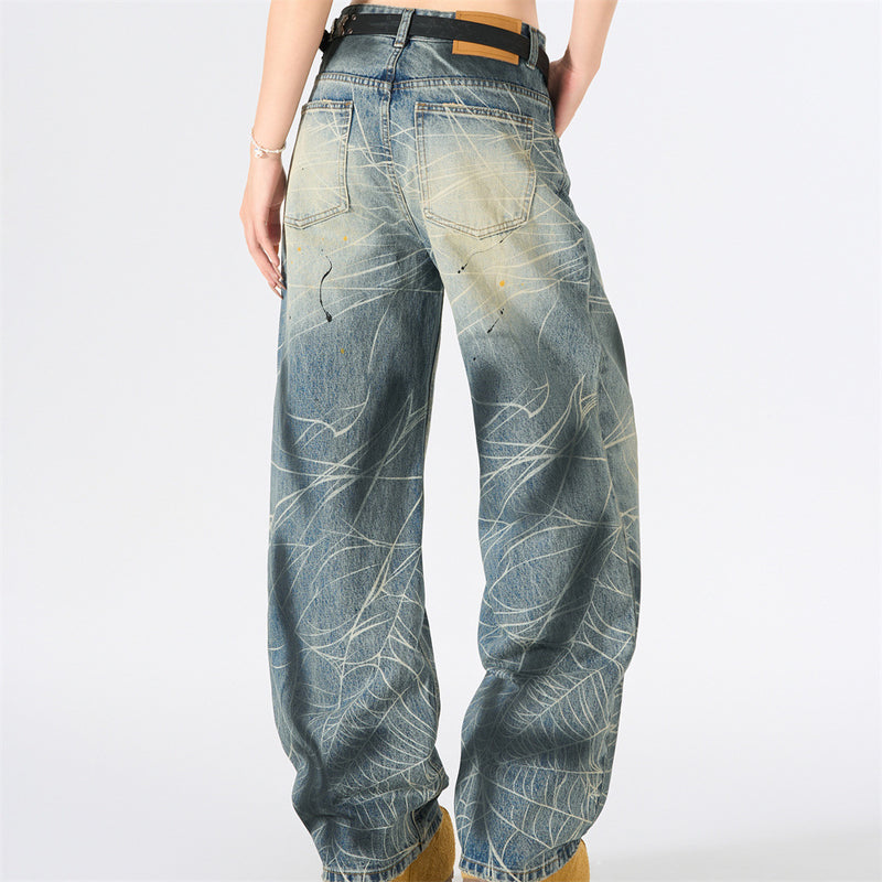 Wide-Leg Jeans with Paint Splatter & Distressed Scratch Print — Grunge Baggy Fit