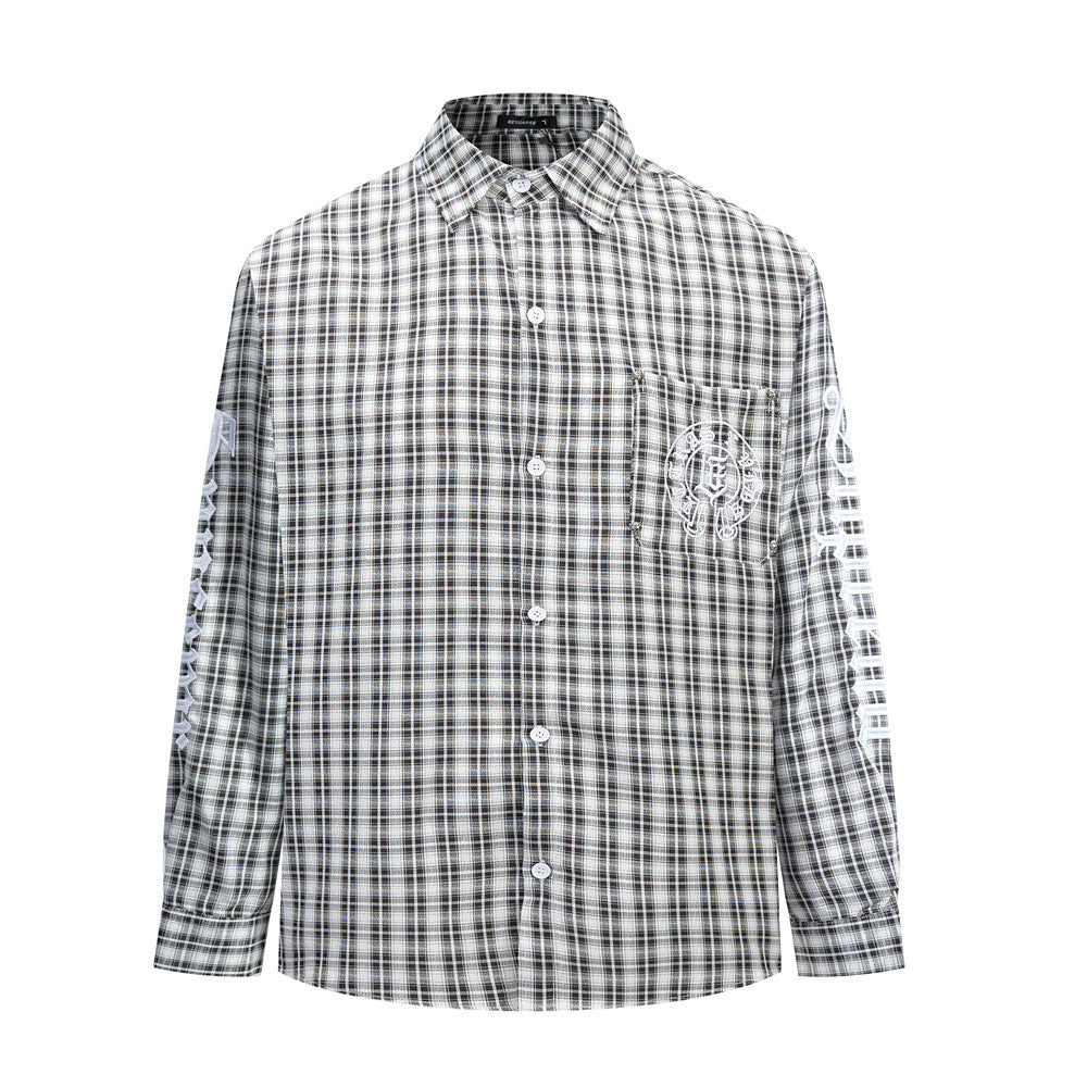Embroidered Button Down Shirt – Men's Plaid Long Sleeve Gothic Logo Flannel
