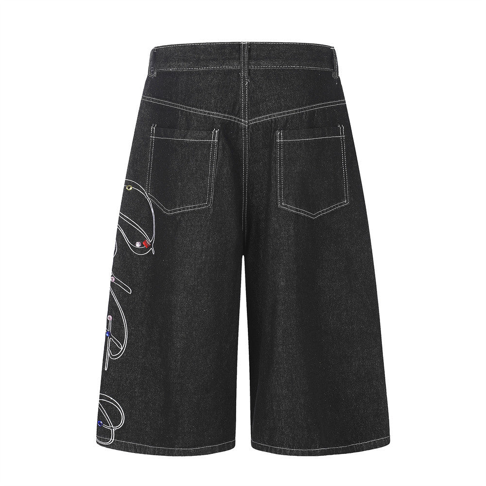 Men's Wide Leg Denim Shorts with Rhinestone Script Embroidery