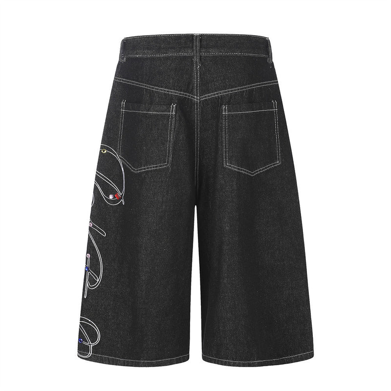 Men's Wide Leg Denim Shorts with Rhinestone Script Embroidery