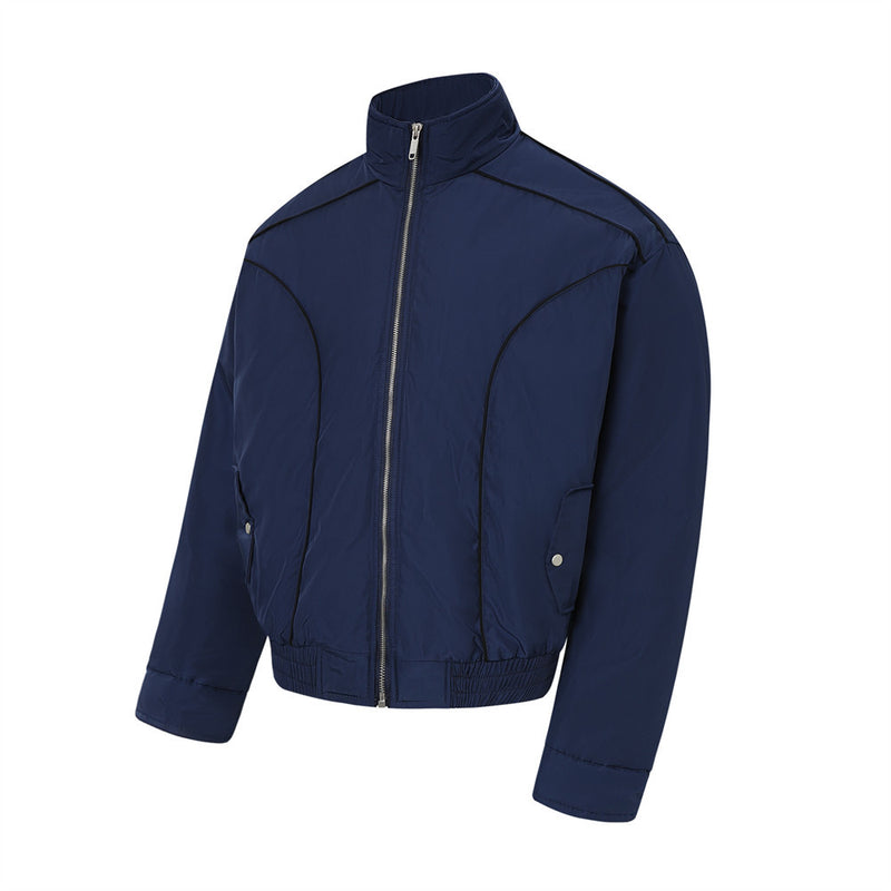 Men's Stand Collar Bomber Jacket with Padded Lining and Curved Seam Detail