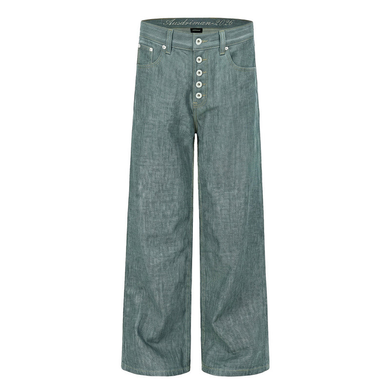 Men's wide-leg lake-green denim jeans with exposed button fly, front and back view