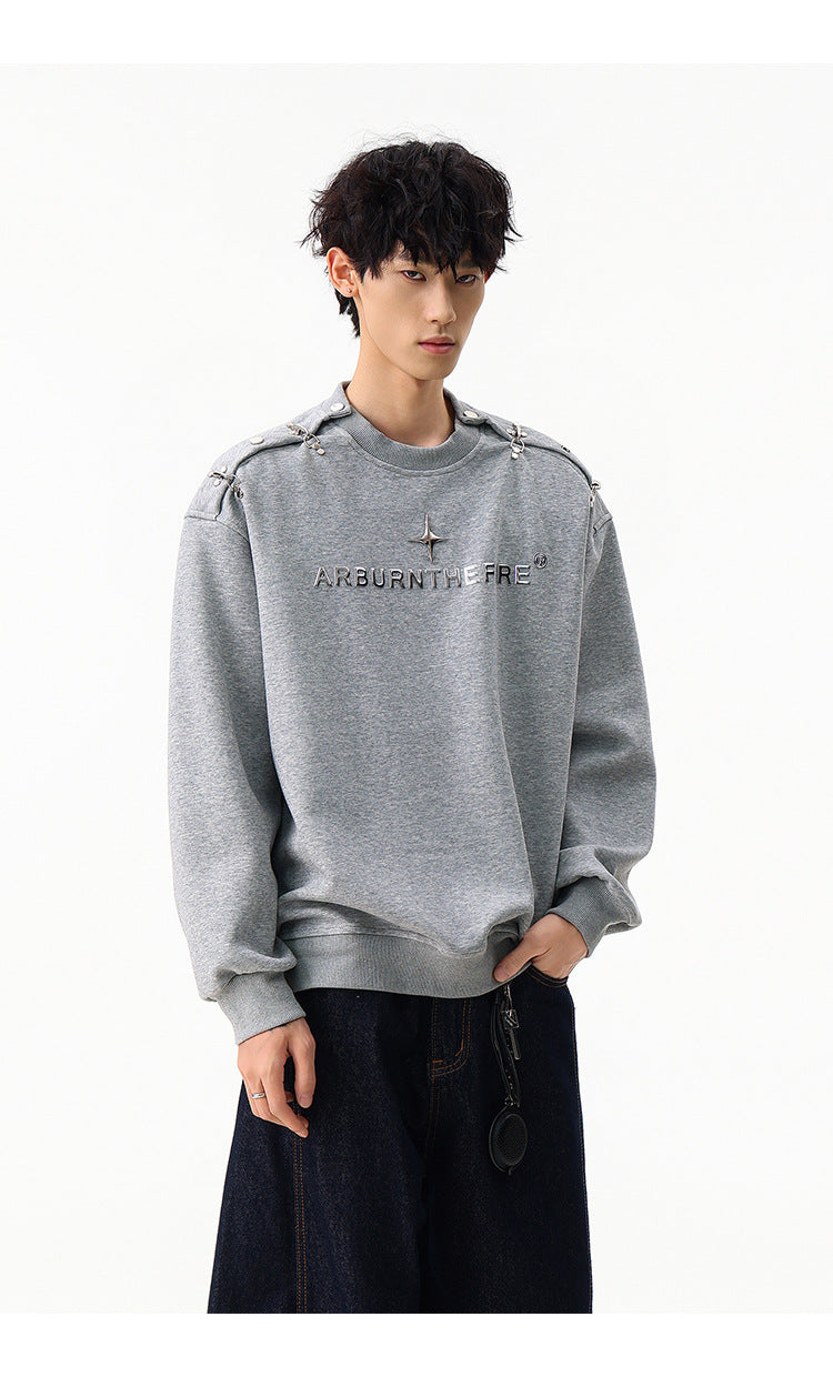 Sweat-shirt punk streetwear à col rond avec anneaux métalliques sur les épaules