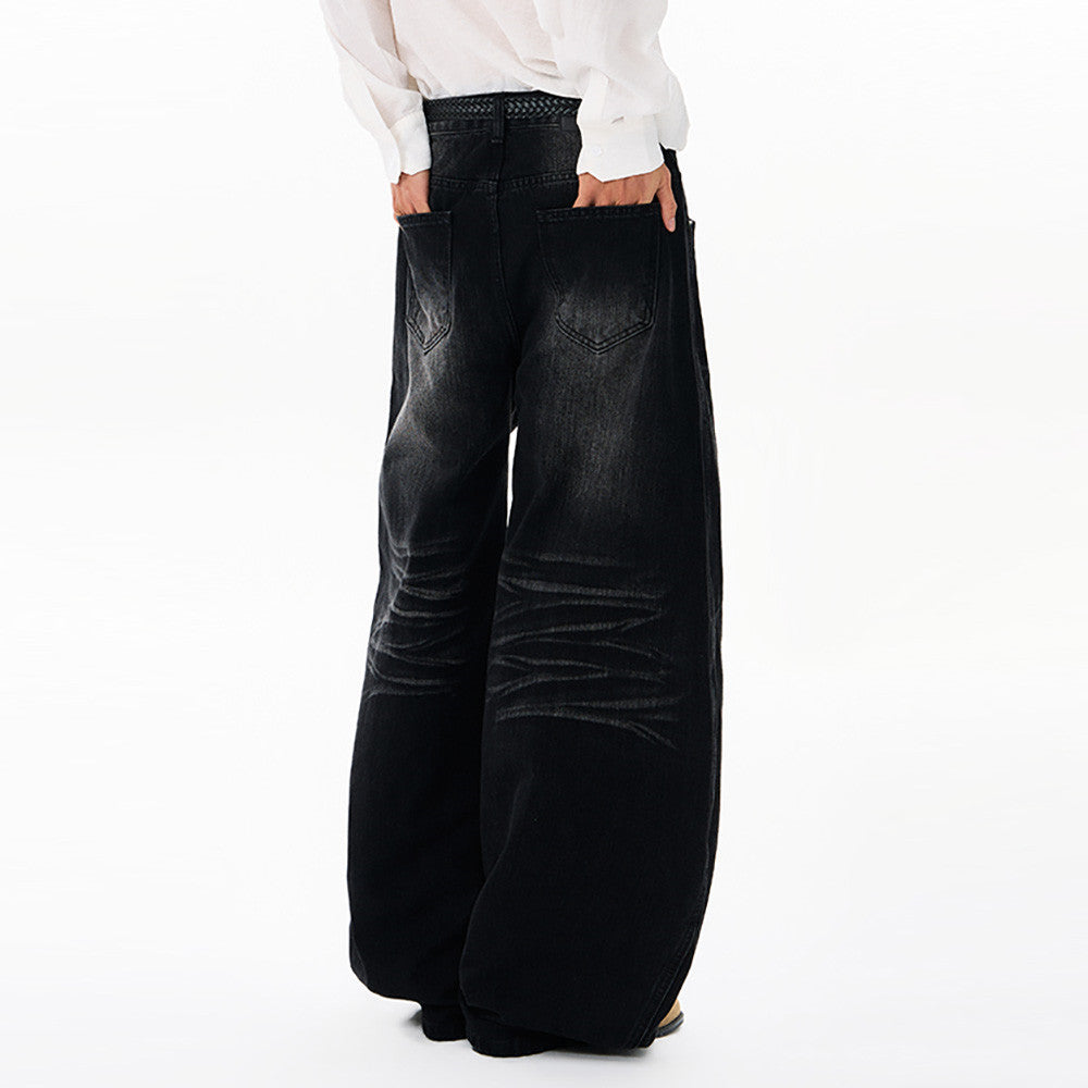 Men's Black Baggy Wide-Leg Jeans – Washed Distressed Curved Silhouette