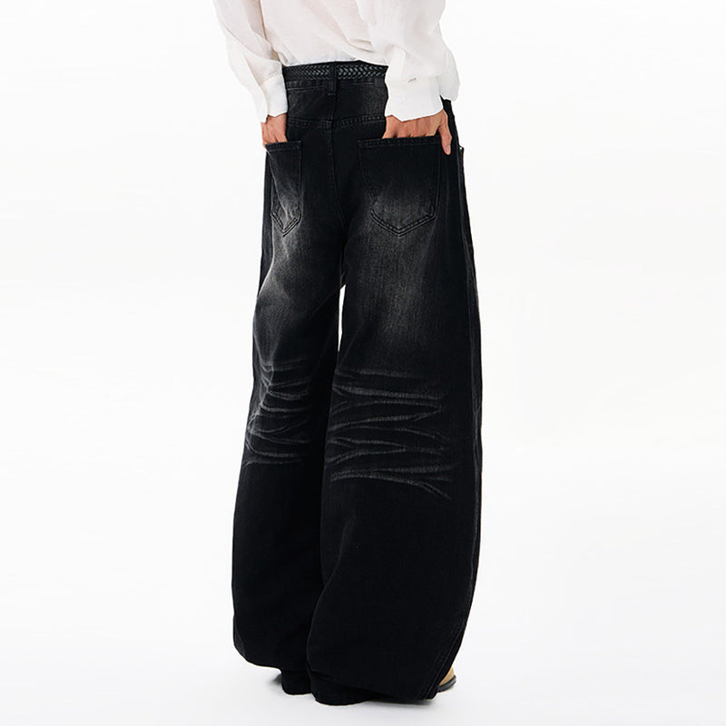 Men's Black Baggy Wide-Leg Jeans – Washed Distressed Curved Silhouette