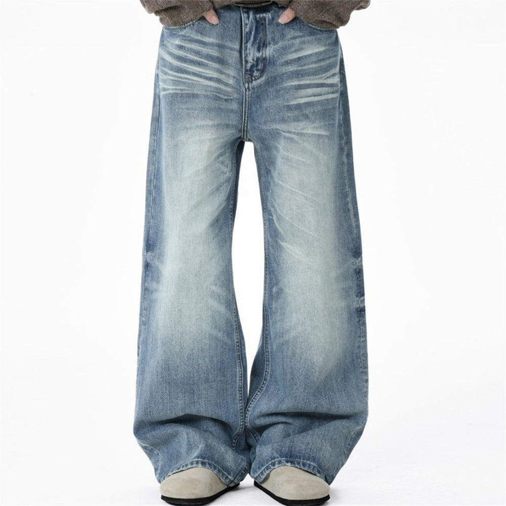 Men's Relaxed Fit Jeans Wide Leg Washed Vintage Blue Baggy Denim
