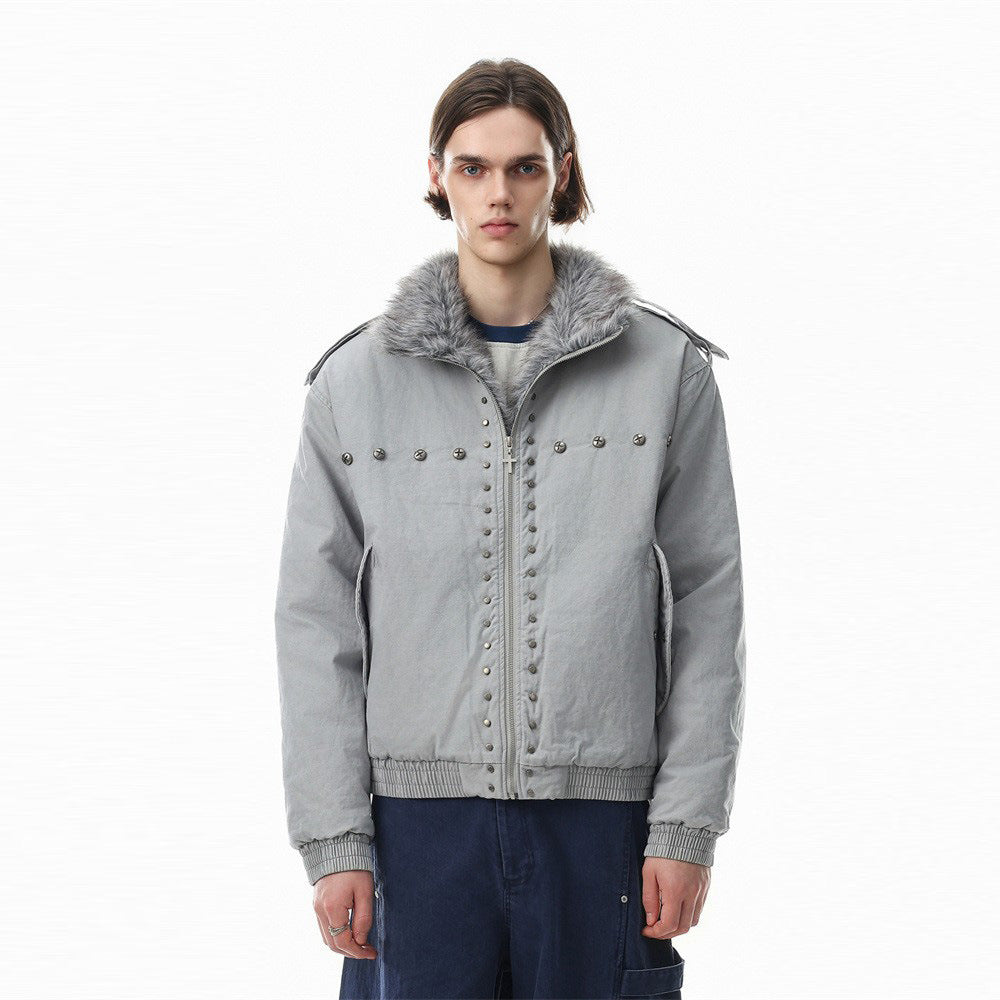 Men's Studded Bomber Jacket with Faux Fur Collar – High Street Winter Coat