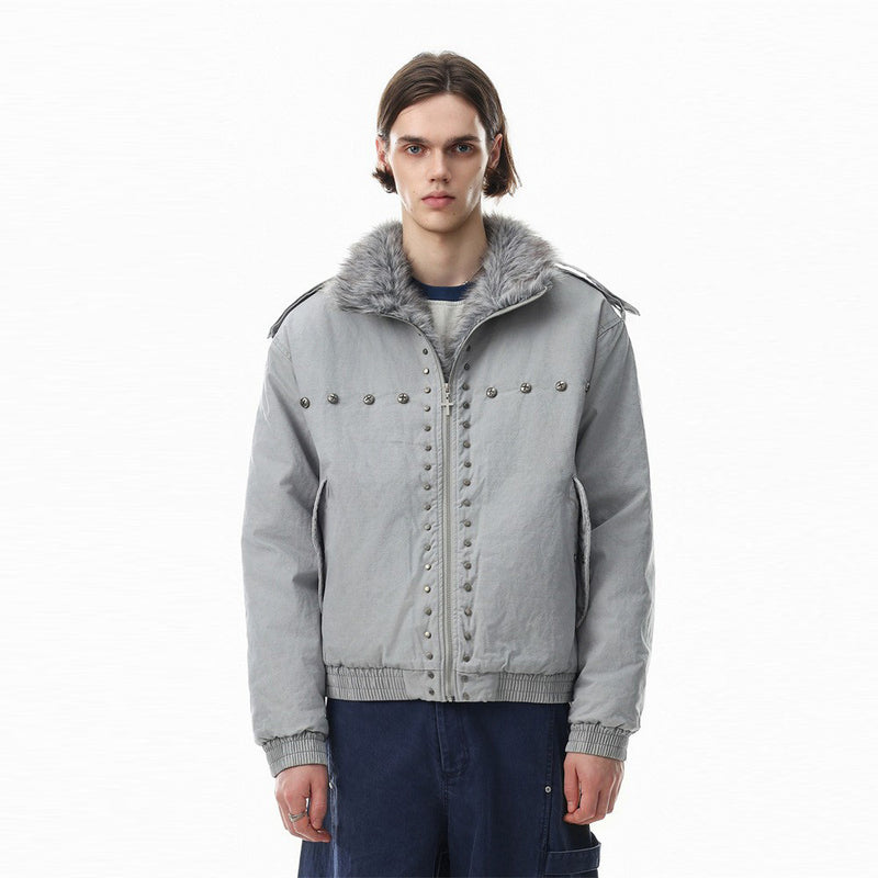 Men's Studded Bomber Jacket with Faux Fur Collar – High Street Winter Coat