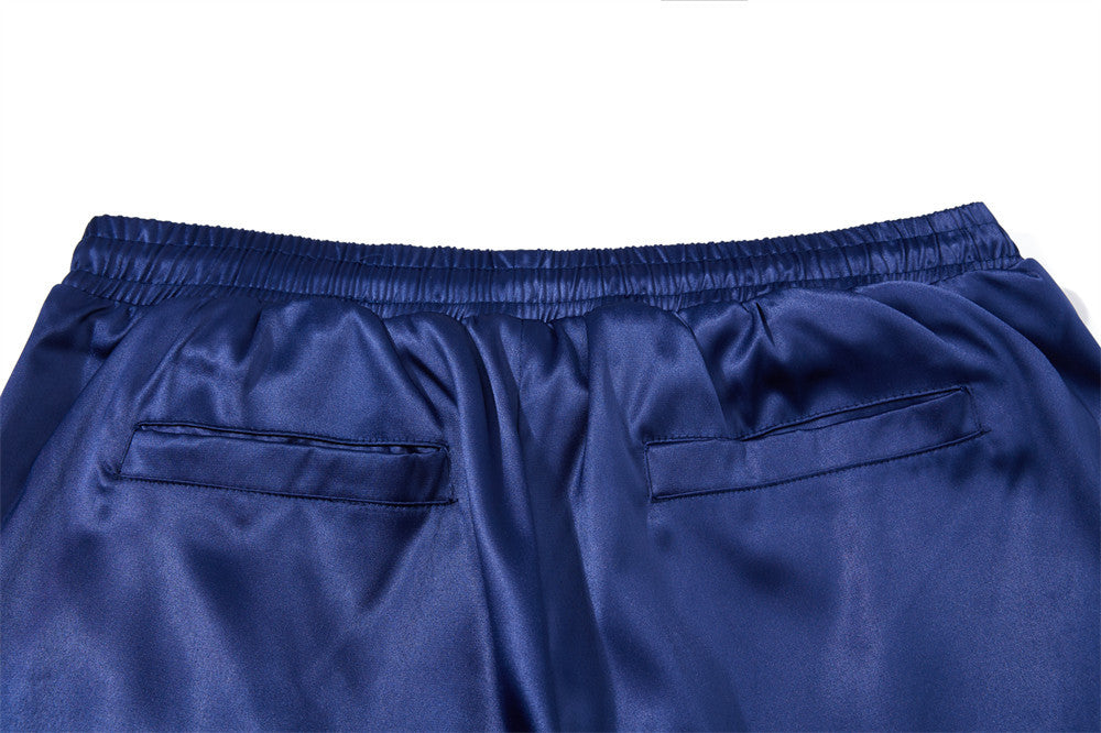 Wide Leg Satin Pants – Signature Print, Elastic Drawstring Waist