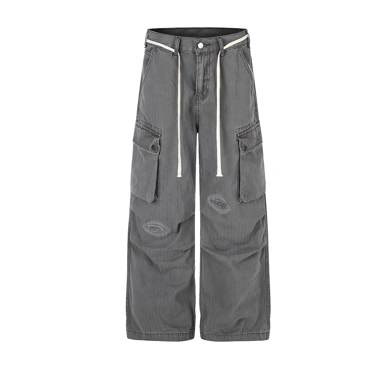 Charcoal grey wide-legged cargo pants with multi-pocket design, contrast white drawstring waist, and tonal knee embroidery, f