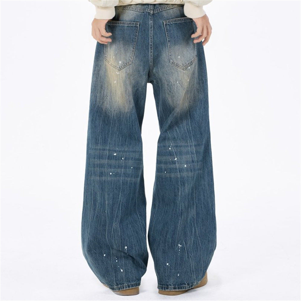 Baggy Jeans with Designs – Men's Vintage Distressed Wide-Leg Denim Pants