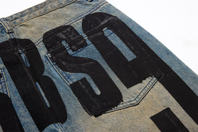Men's Loose Fit Jeans Vintage Number Print Straight-Leg Baggy Denim Pants