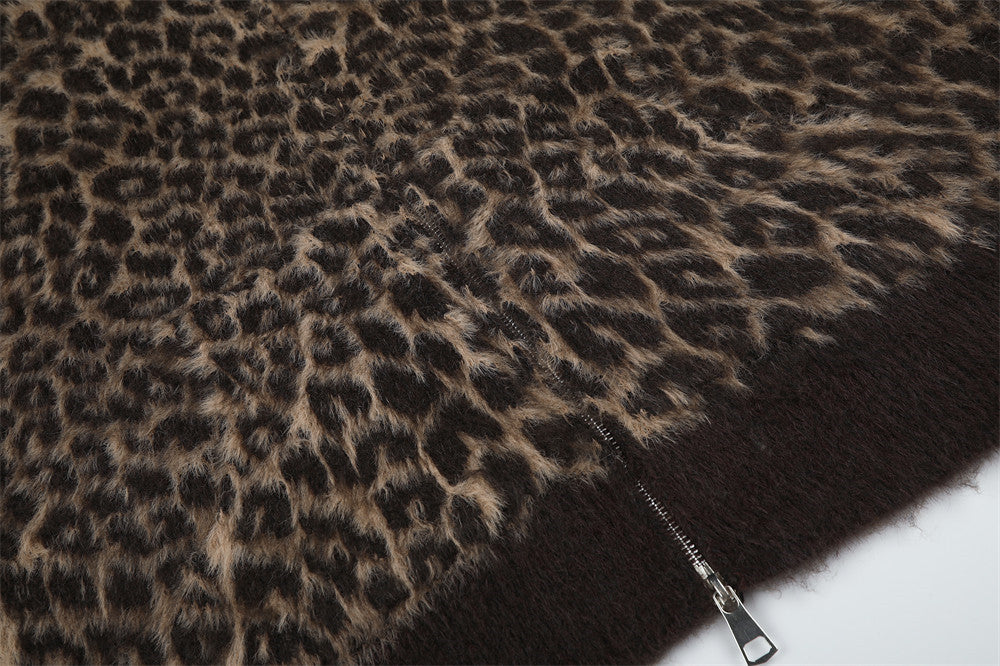 Gilet cardigan zippé intégral en maille duveteuse léopard – Coupe décontractée pour homme