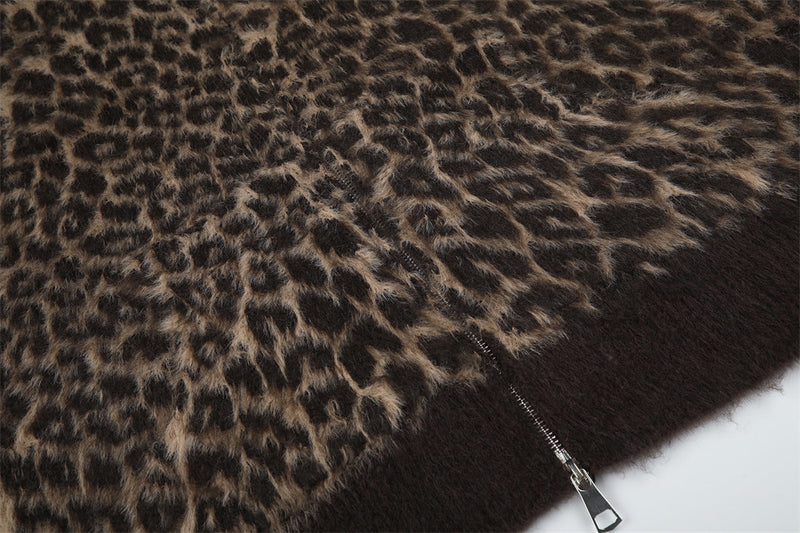 Gilet cardigan zippé intégral en maille duveteuse léopard – Coupe décontractée pour homme