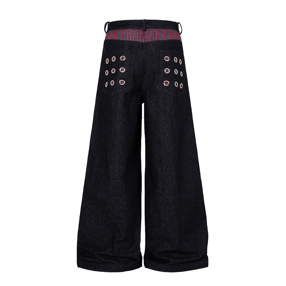 Wide-Leg Denim Jeans with Metal Eyelet Detail & Button Fly