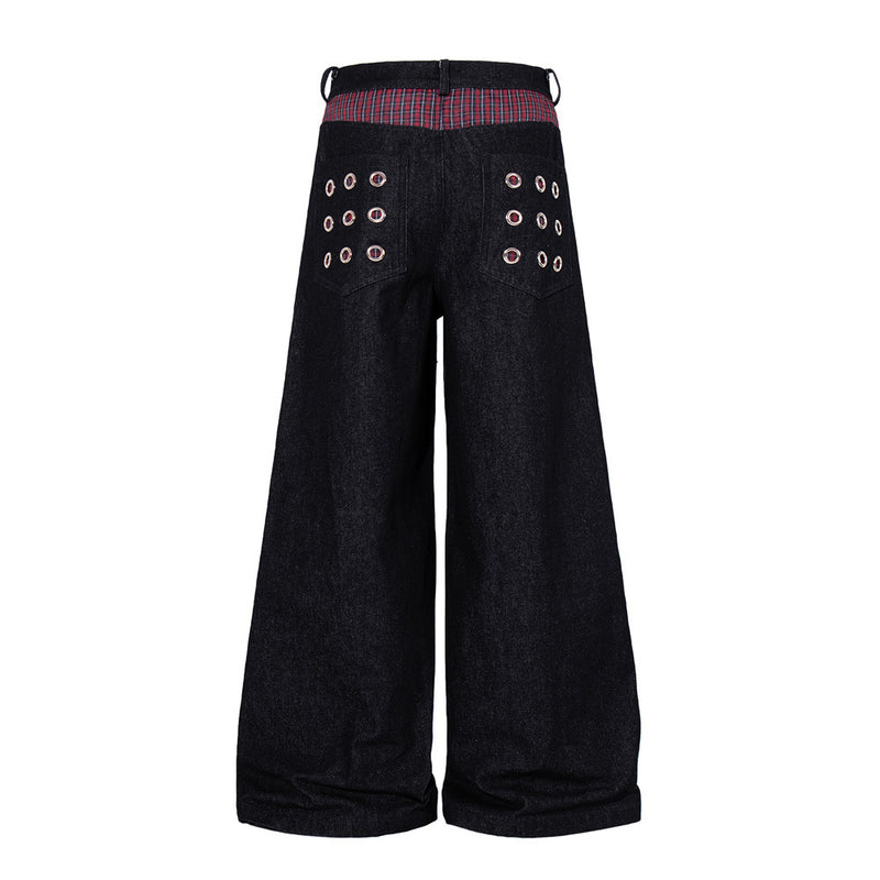 Wide-Leg Denim Jeans with Metal Eyelet Detail & Button Fly