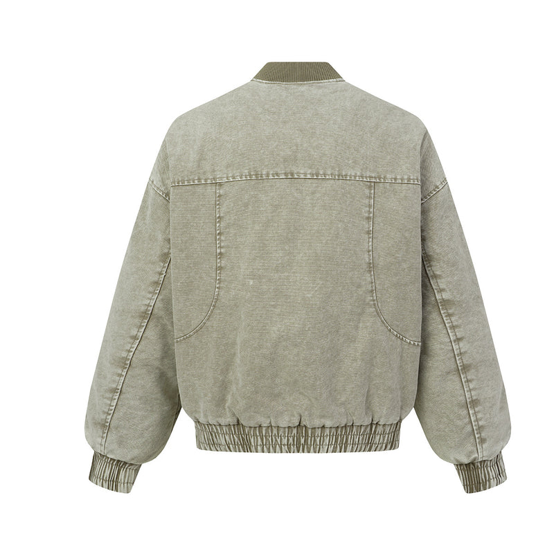 Quilted Corduroy Bomber Jacket – Acid-Washed Raw-Edge Baseball Jacket