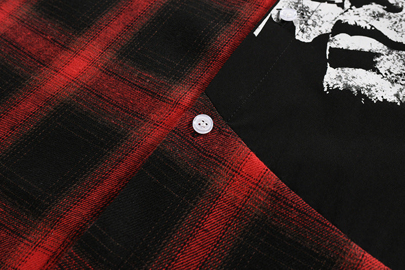 Plaid Patchwork Long Sleeve Shirt – Oversized Fit with Portrait Graphic Print