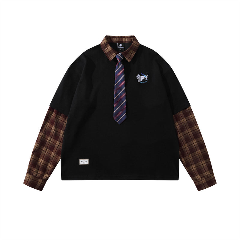 Men's black plaid patchwork pullover sweatshirt with attached striped tie and embroidered dog graphic on left chest