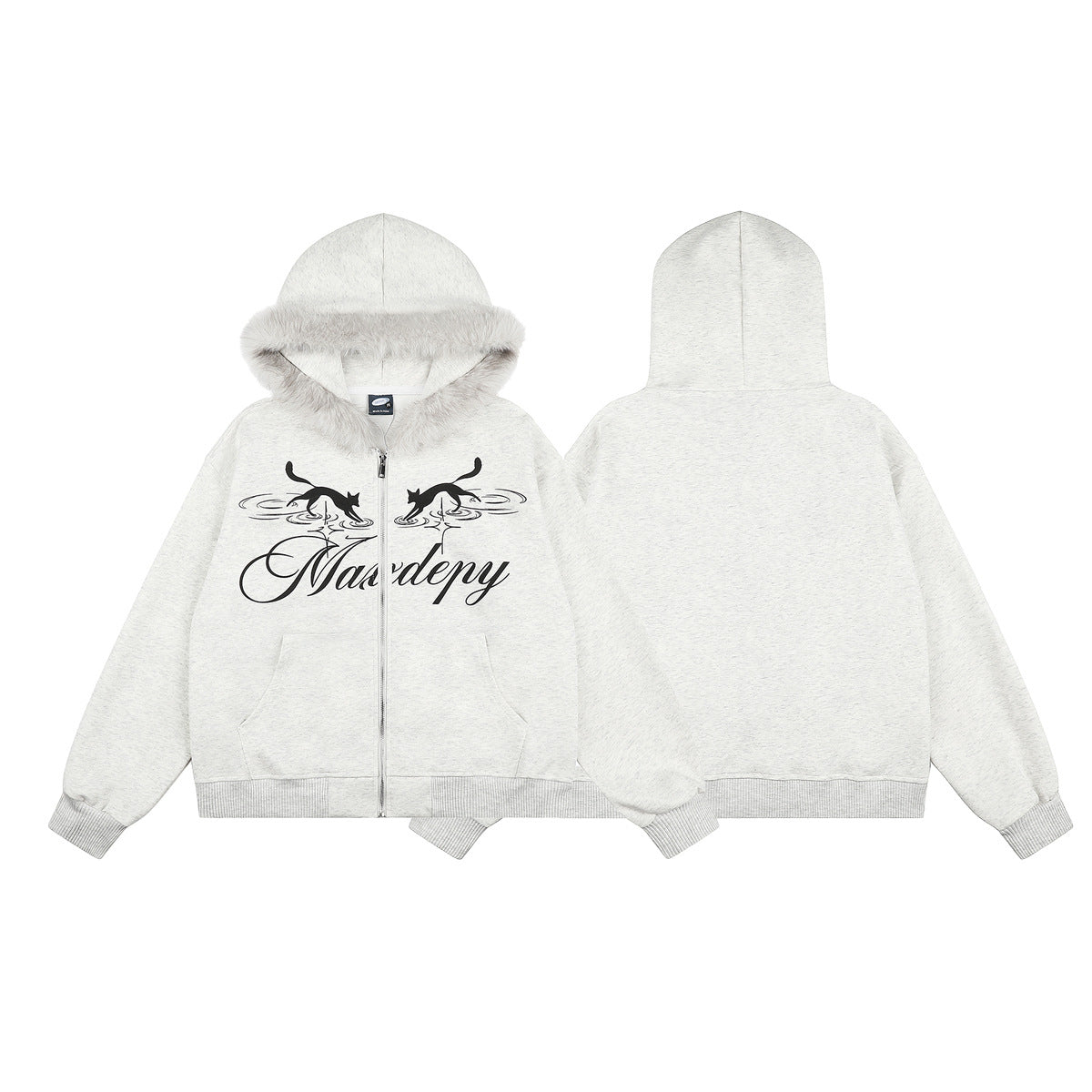 Sweat à capuche zippé à motif chat avec bordure en fausse fourrure